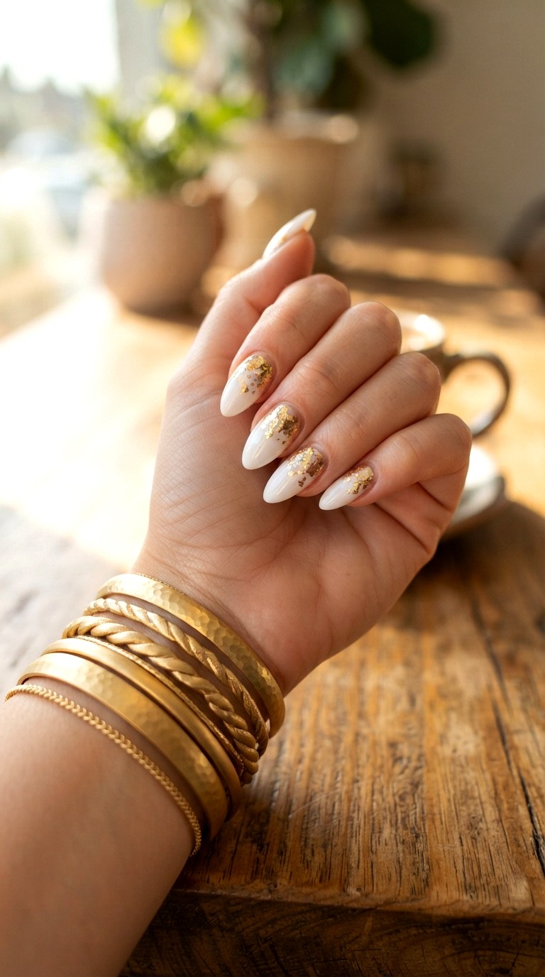 White Almond Nails With Gold Foil Leaf - 30 white almond nails