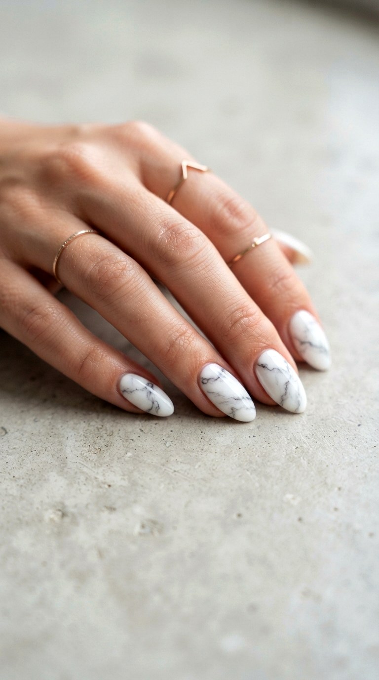 White Almond Nails With Marble Swirls - 30 white almond nails