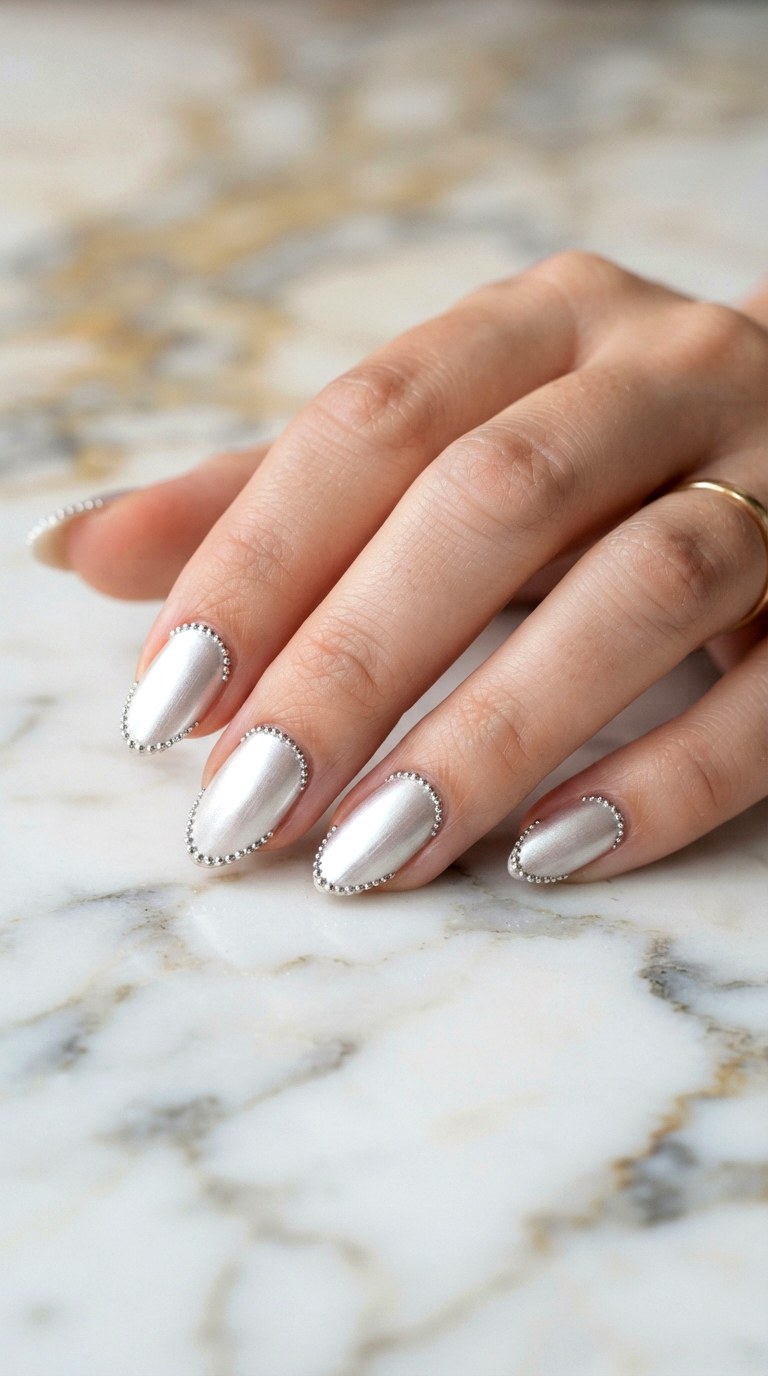 White Almond Nails With Micro French Studs - 30 white almond nails