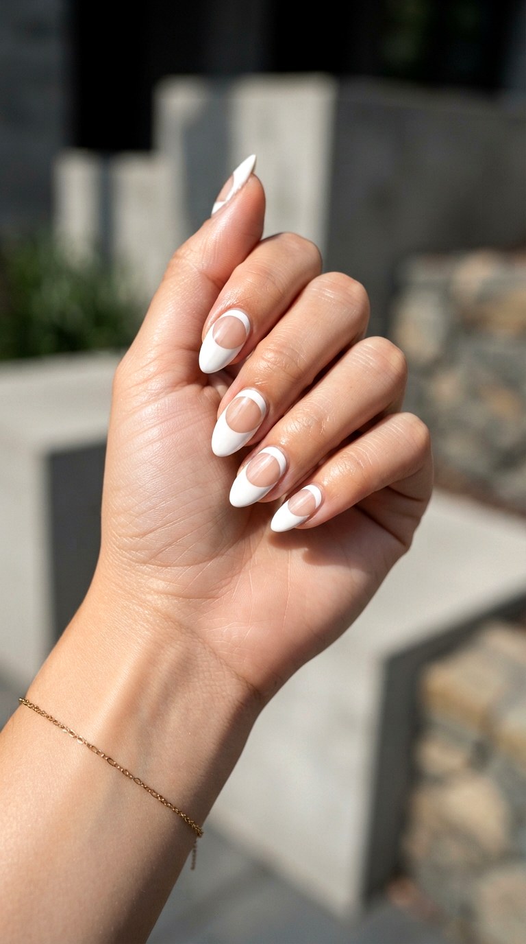 White Almond Nails With Negative Space Moons - 30 white almond nails