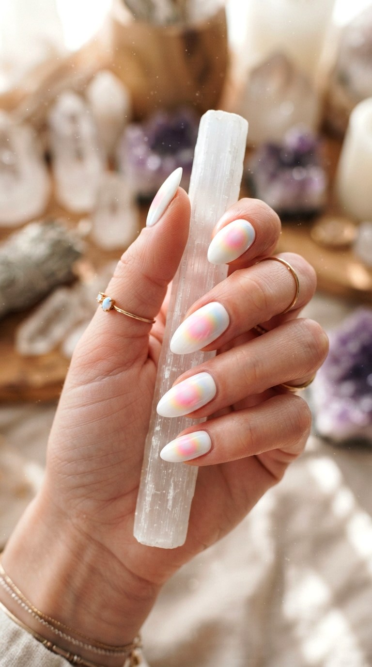 White Almond Nails With Rainbow Aura - 30 white almond nails
