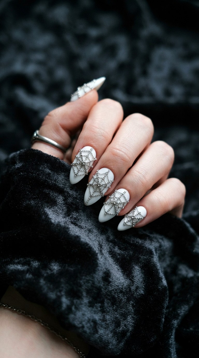 White Almond Nails With Rhinestone Spiderwebs - 30 white almond nails