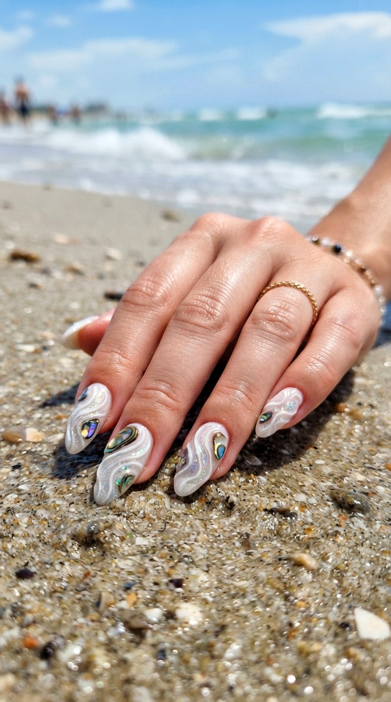 White Almond Nails With Seashell Textures - 30 white almond nails