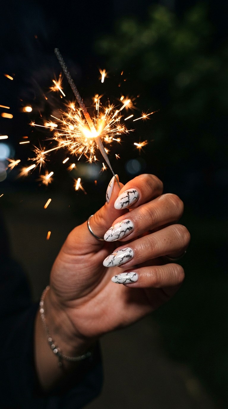 White Almond Nails With Silver Foil Cracks - 30 white almond nails