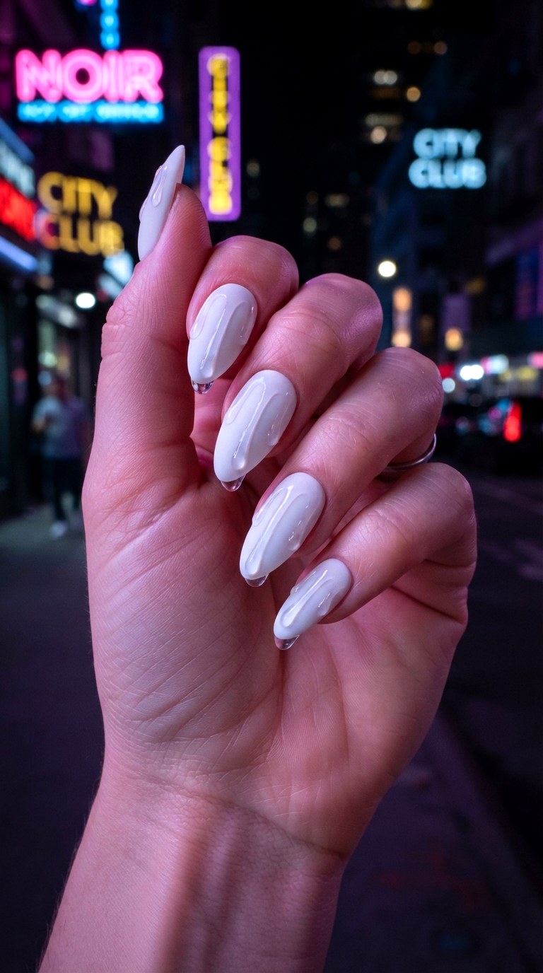White Almond Nails With Vertical Drip Lines - 30 white almond nails