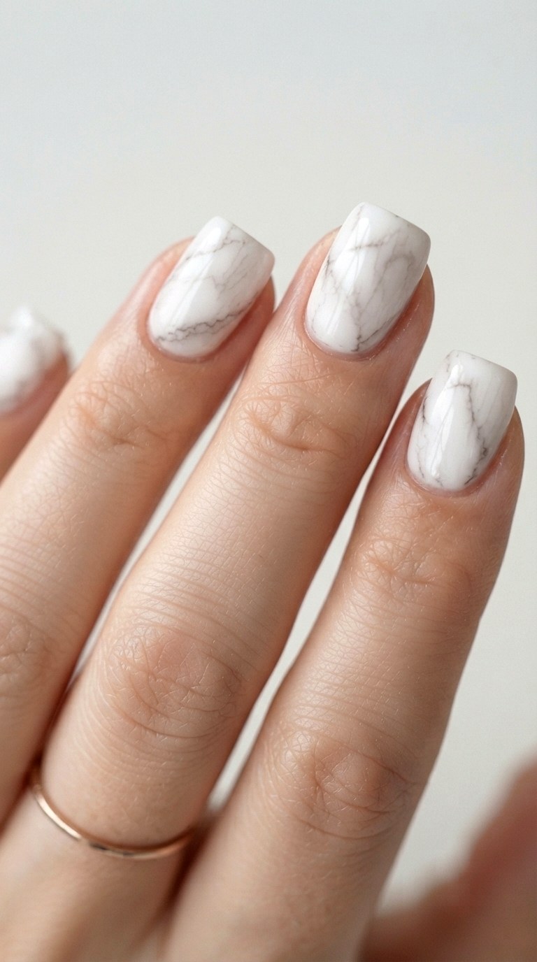 White Marble Watercolor - 28 white nails