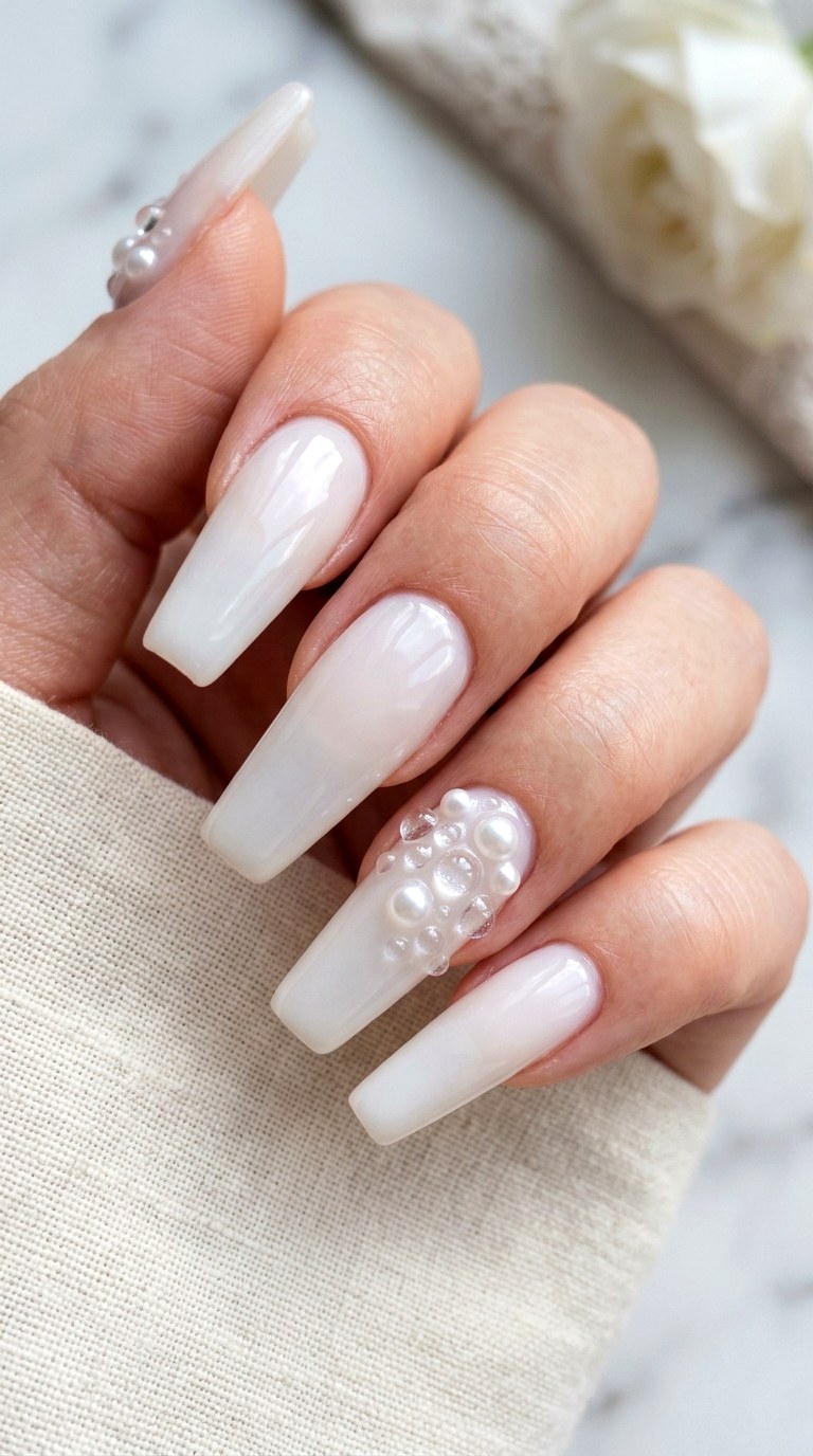 D Pearl Droplet Milky White Nails - 29 milky white nails with design
