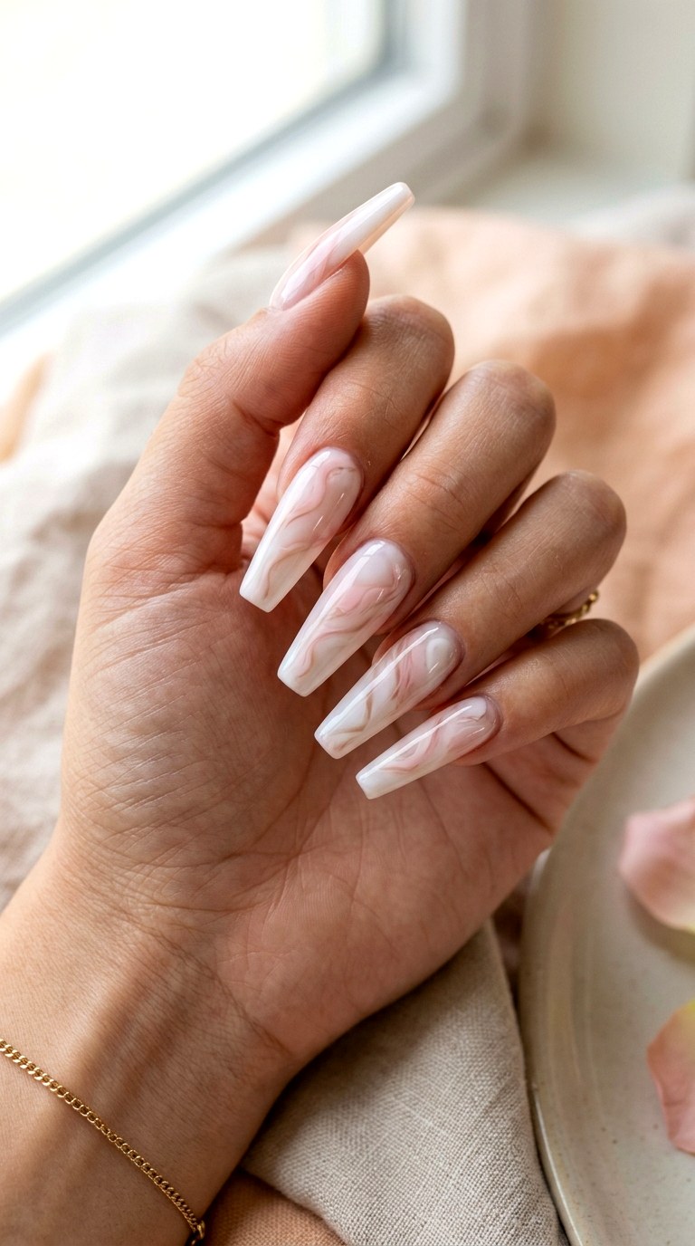 Abstract Blush Swirl Milky White Nails - 29 milky white nails with design