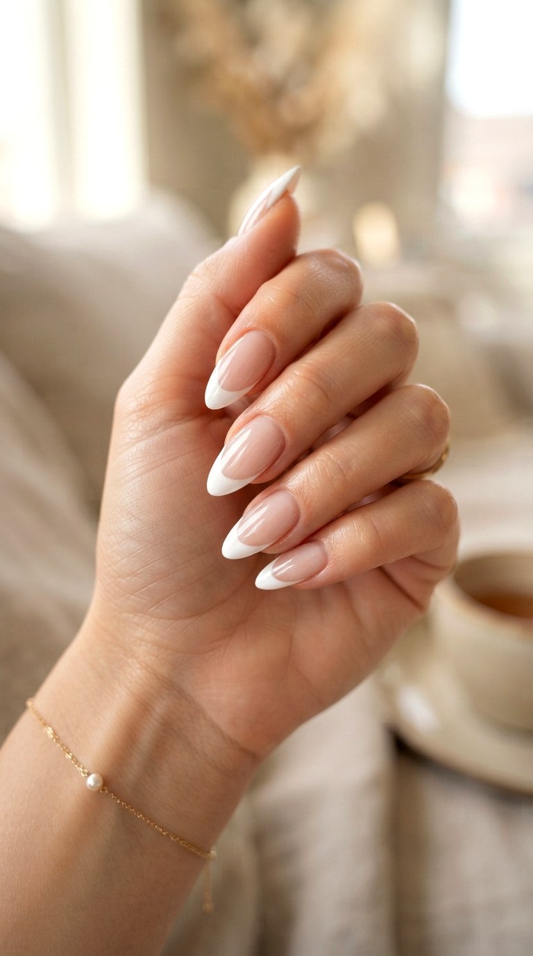 Almond Shaped White French Nails - 24 white French nails idea