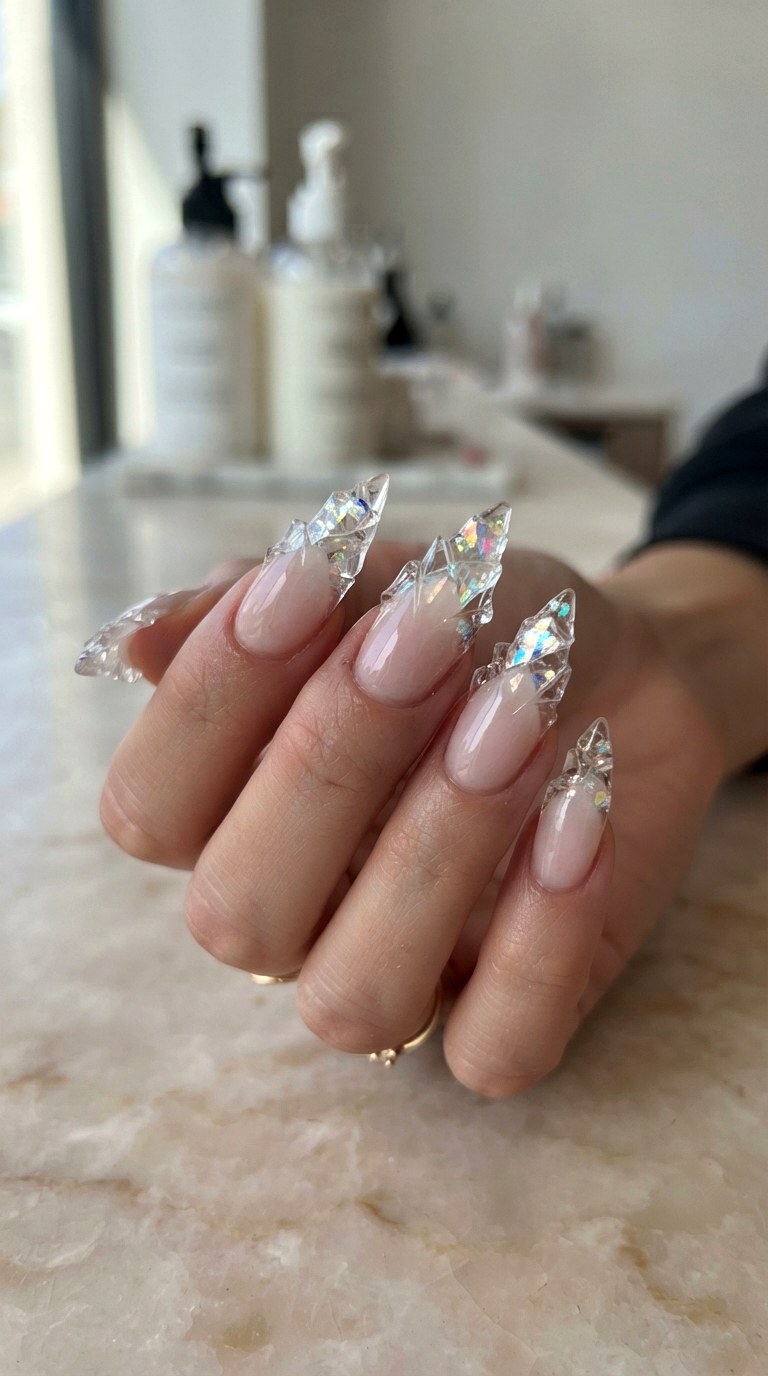 Asymmetric Glass Tips Milky White Nails - 29 milky white nails with design