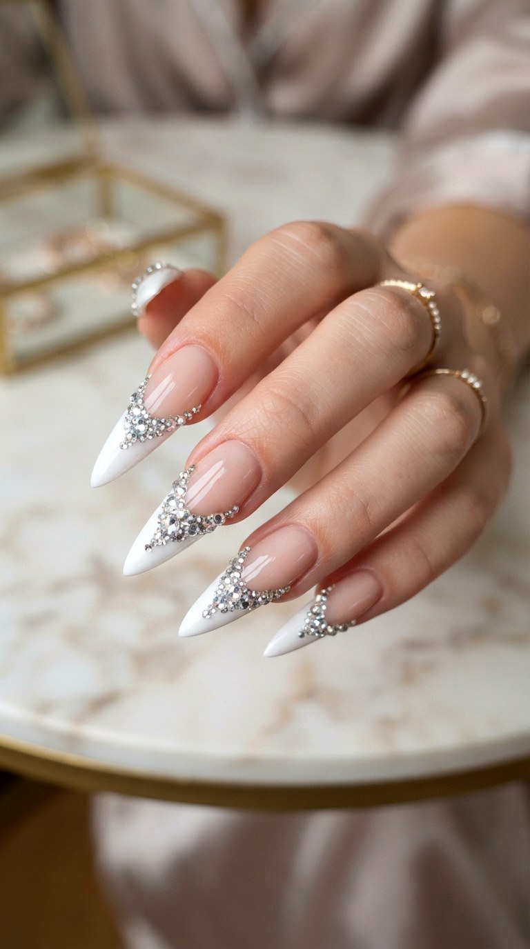 Bedazzled White French Nails - 24 white French nails idea