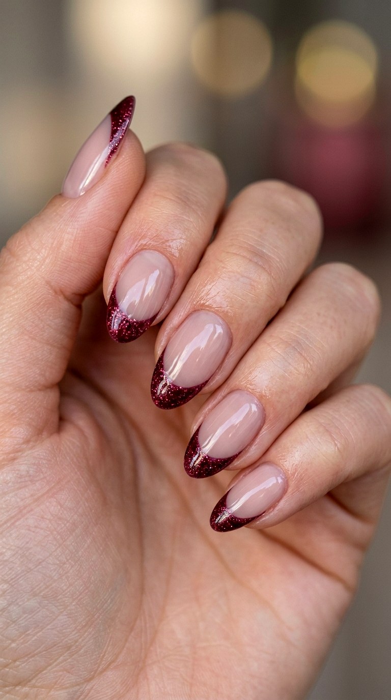 Burgundy Glitter French Tip Manicure - 25 simple french tip nail art designs
