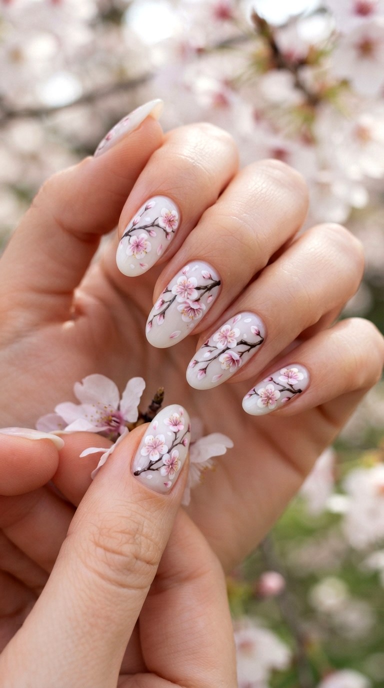 Cherry Blossom Branch Milky White Nails - 29 milky white nails with design