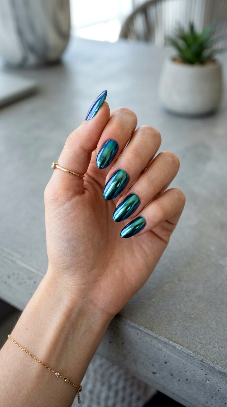 Chrome Teal Oval Nails - 25 Teal Nail Color Ideas