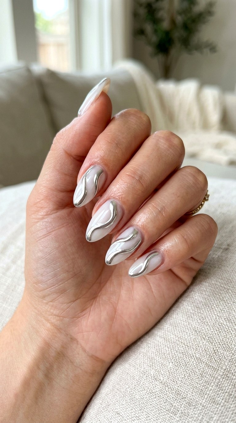 Chrome Wave Milky White Nails - 29 milky white nails with design