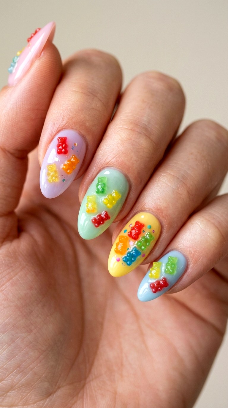 Classic Gummy Bear Accent Nails for a Playful Pop - 25 gummy nail art