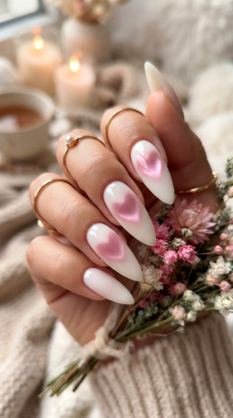 Clear Heart Aura Milky White Nails - 29 milky white nails with design