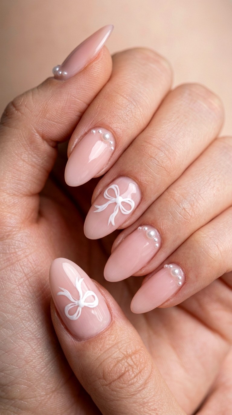 Coquette Pink Bows and Pearls - 25 back day of school nail art ideas