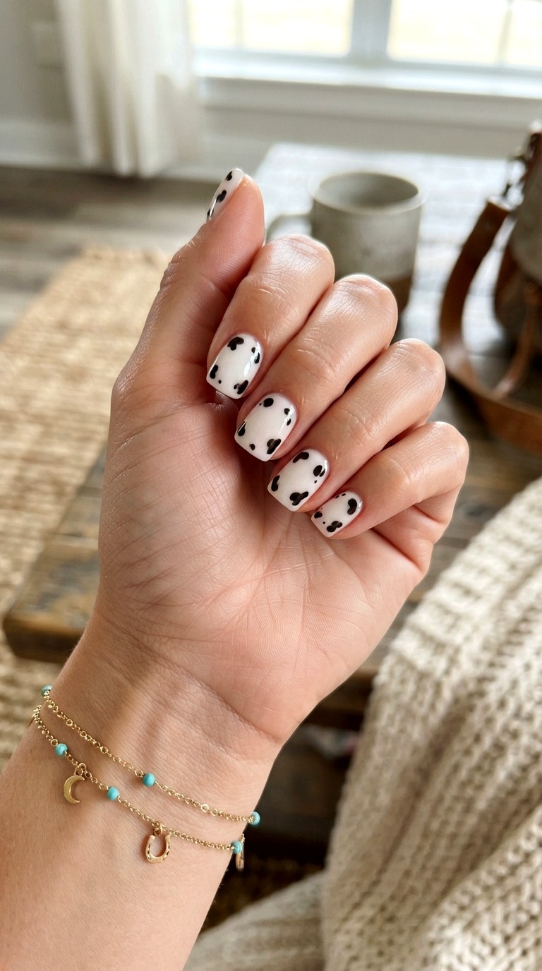 Cow Print Patchwork Milky White Nails - 29 milky white nails with design