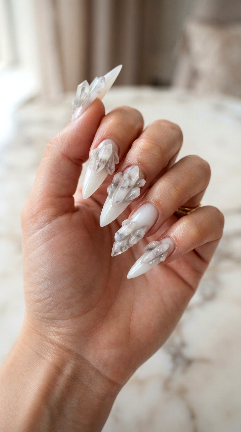 Crystal Quartz Point Milky White Nails - 29 milky white nails with design