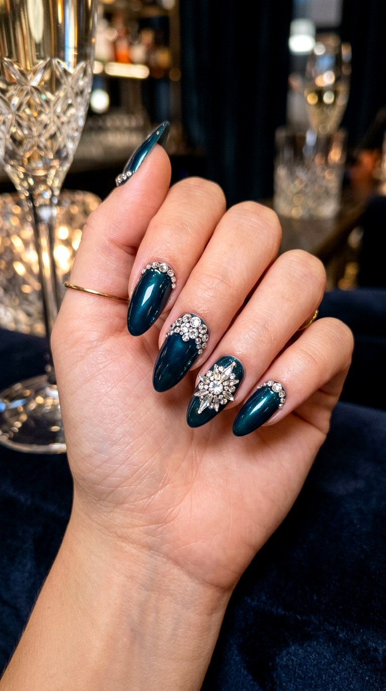 Dark Teal With Rhinestones - 25 Teal Nail Color Ideas