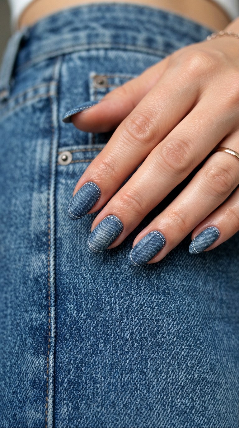 Denim Textured Blue Almond Nails - 25 Summer Almond Nail Designs