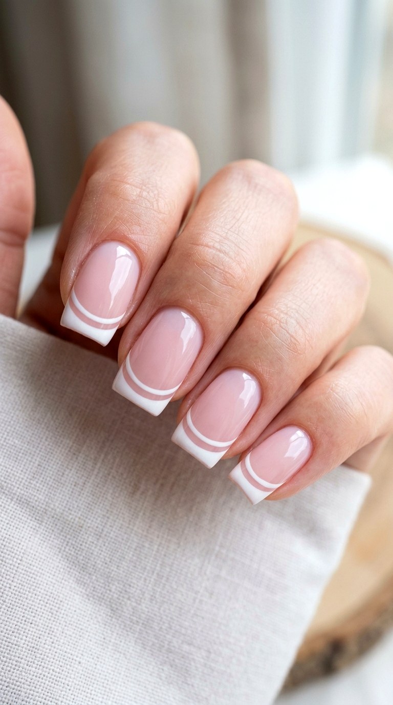 Double Lined French Milky White Nails - 29 milky white nails with design
