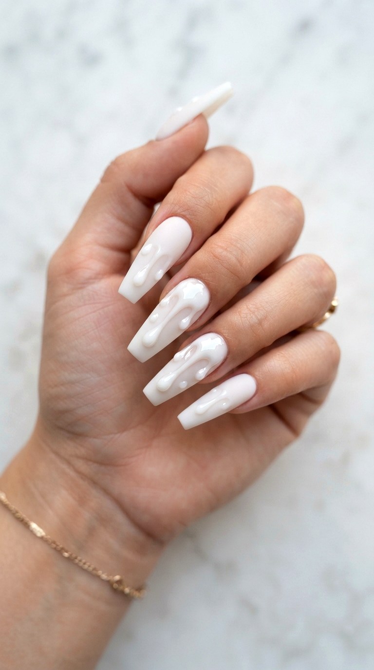 Drip Marble Sculpture Milky White Nails - 29 milky white nails with design