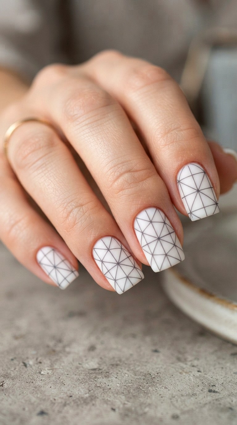 Fine Line Geometric Grid Milky White Nails - 29 milky white nails with design