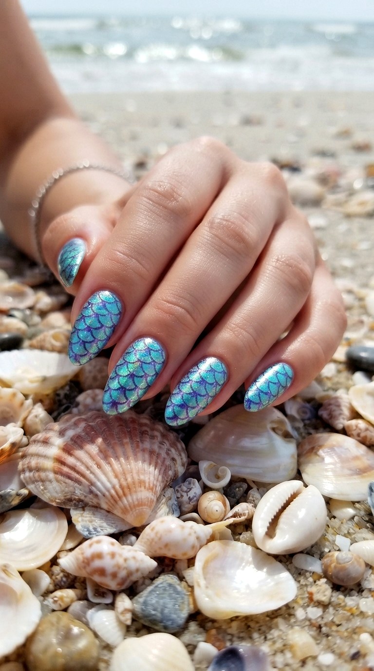 Fishtail Mermaid Scale Almond Nails - 25 Summer Almond Nail Designs