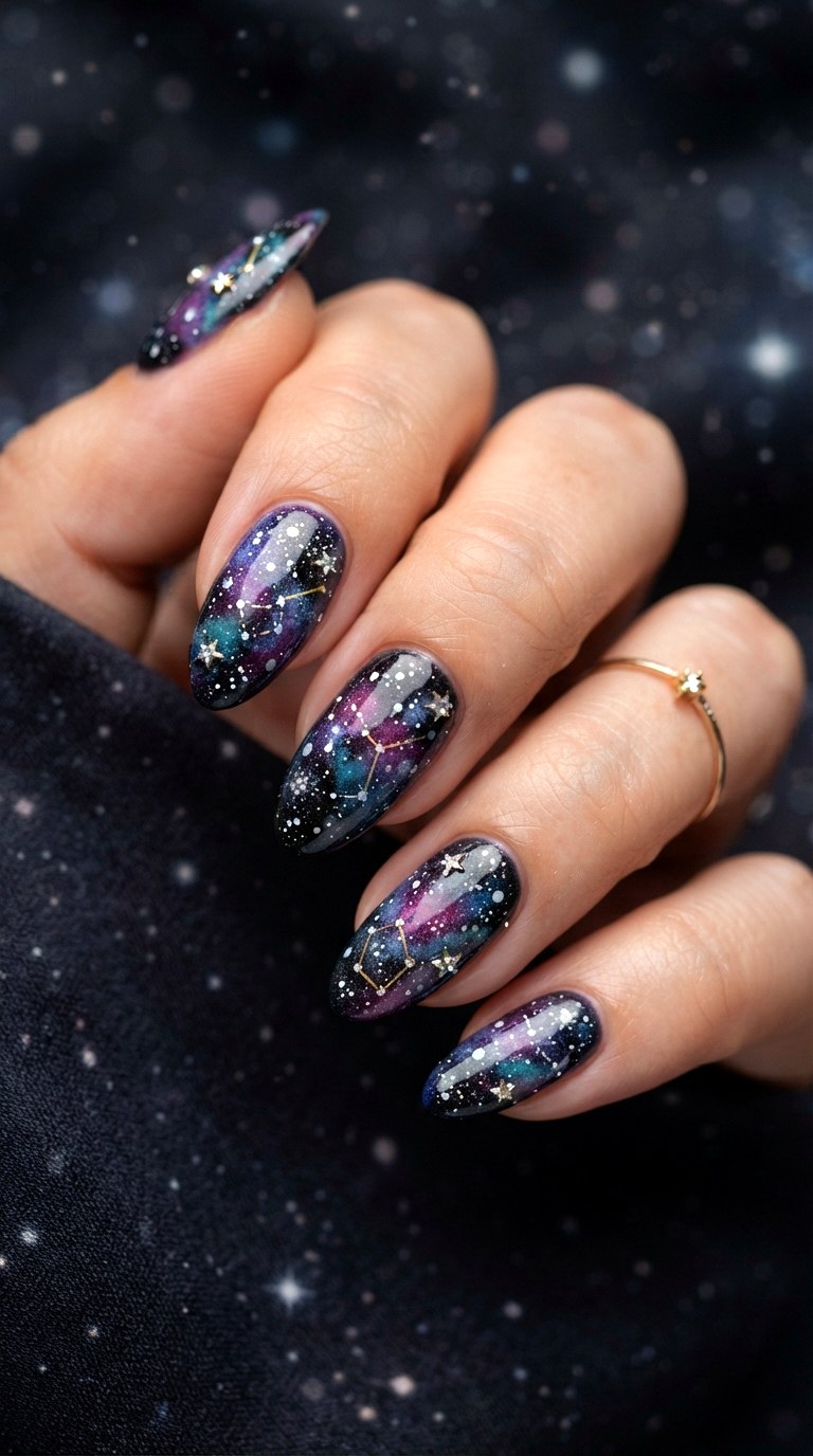 Galaxy Nebula Star Almond Nails - 25 Summer Almond Nail Designs