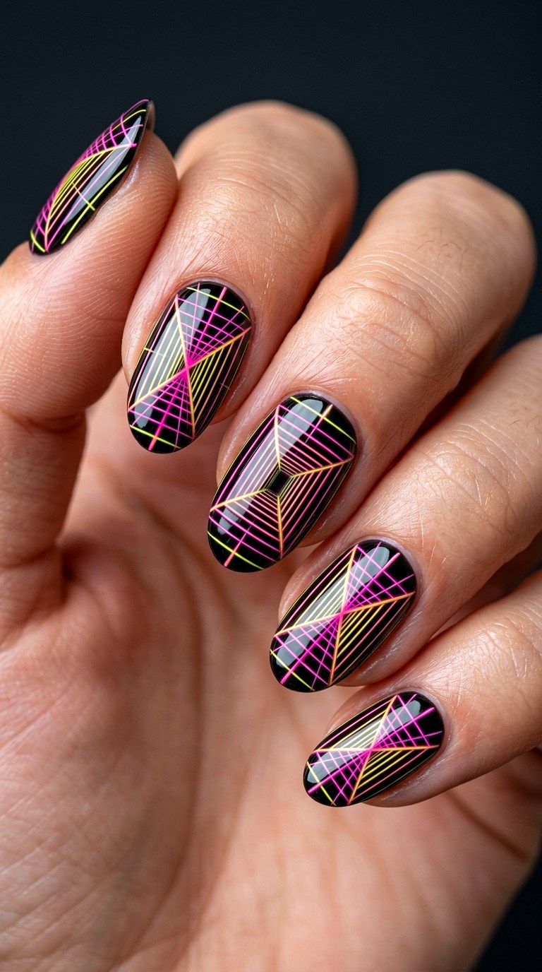 Geometric Neon Grid Lines - 25 back day of school nail art ideas
