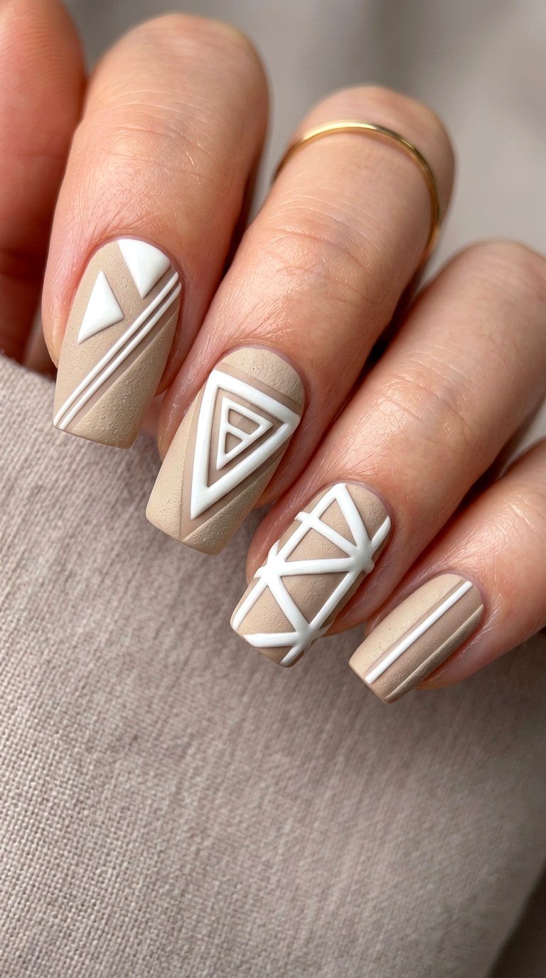 Geometric Nude And White Patterns - 24 Wedding Nail Art Ideas