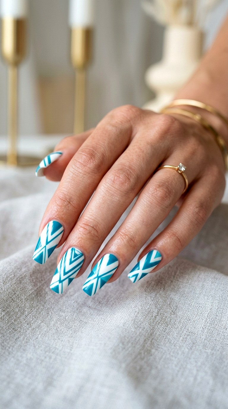 Geometric Teal and White Nails - 25 Teal Nail Color Ideas