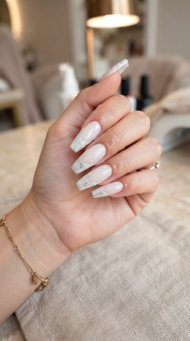 Glitter White French Nails - 24 white French nails idea