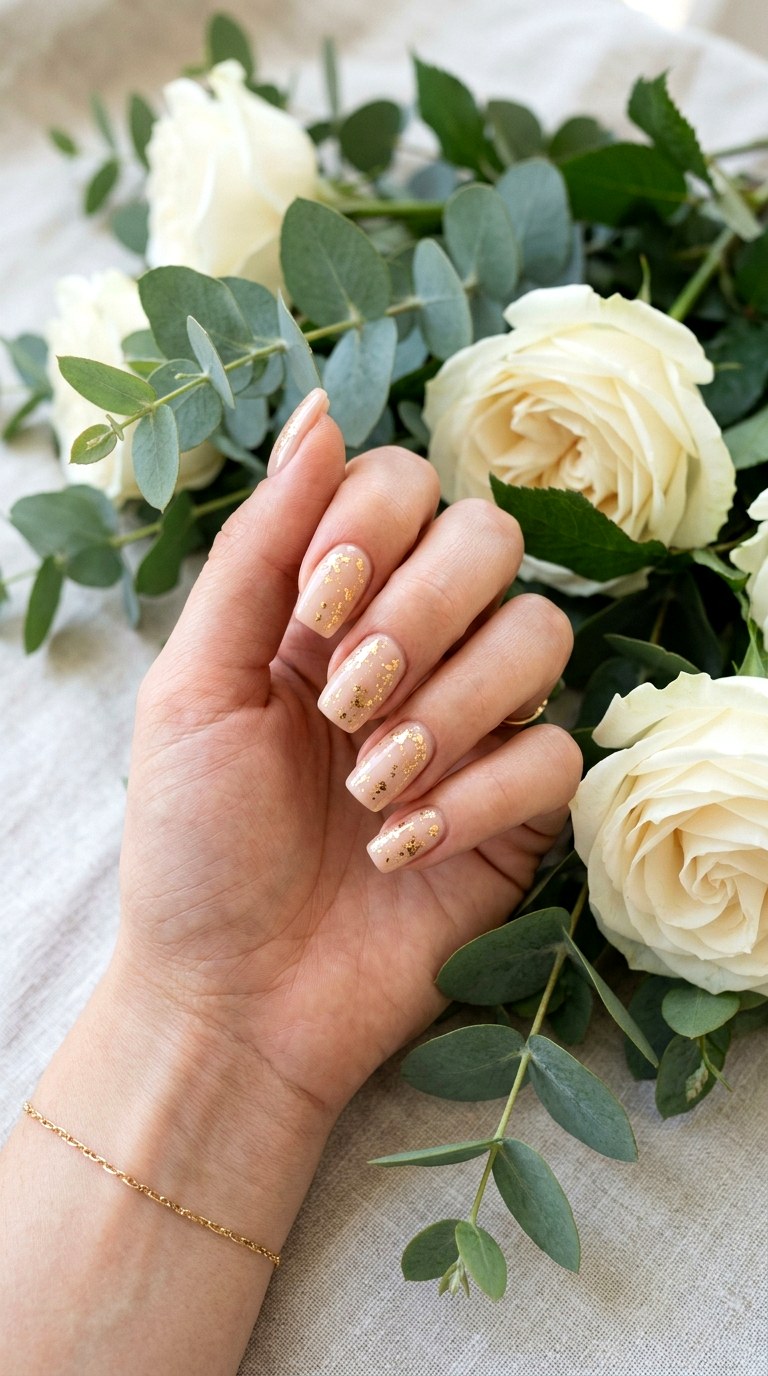 Gold Foil Accented Nude Nails - 24 Wedding Nail Art Ideas