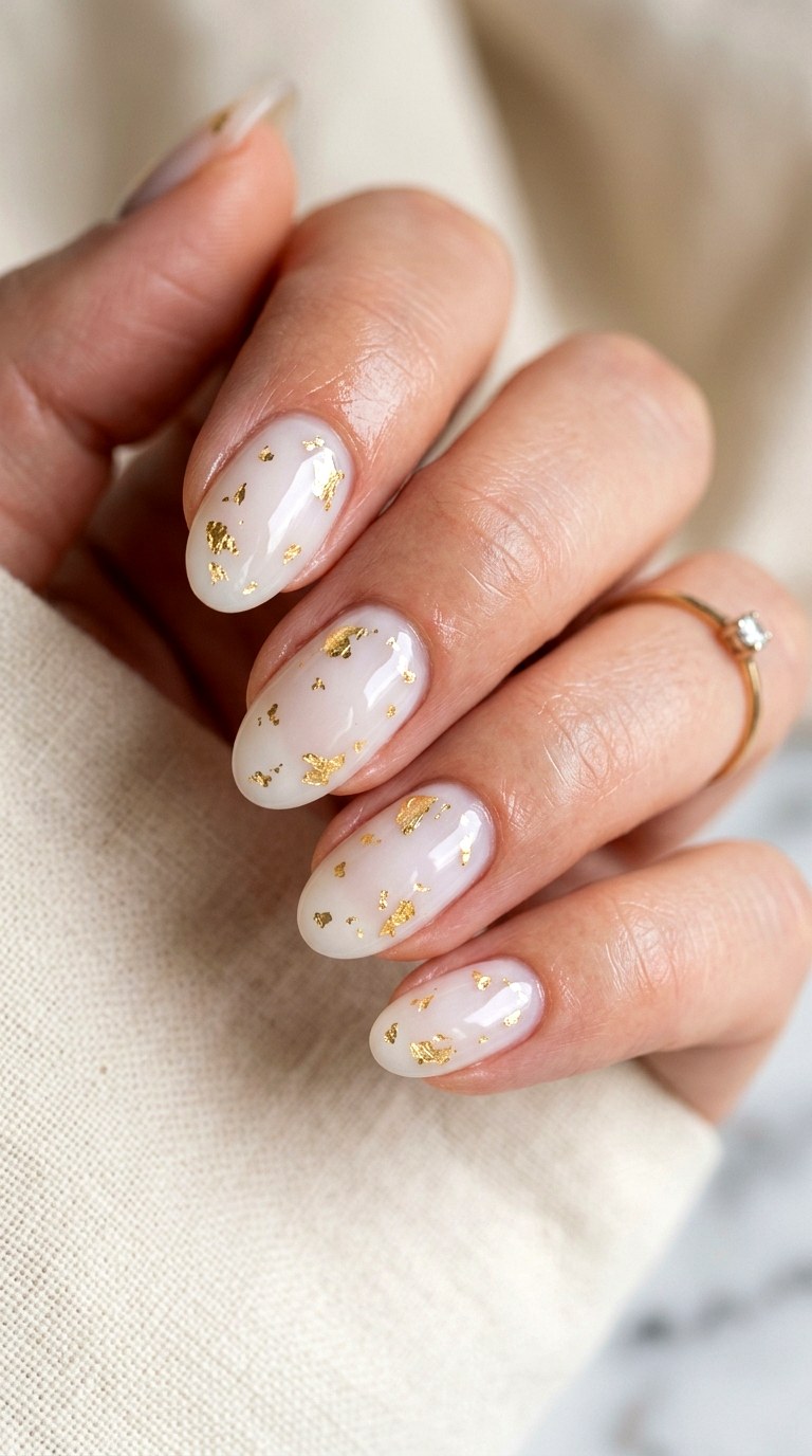 Gold Foil Flakes Milky White Nails - 29 milky white nails with design
