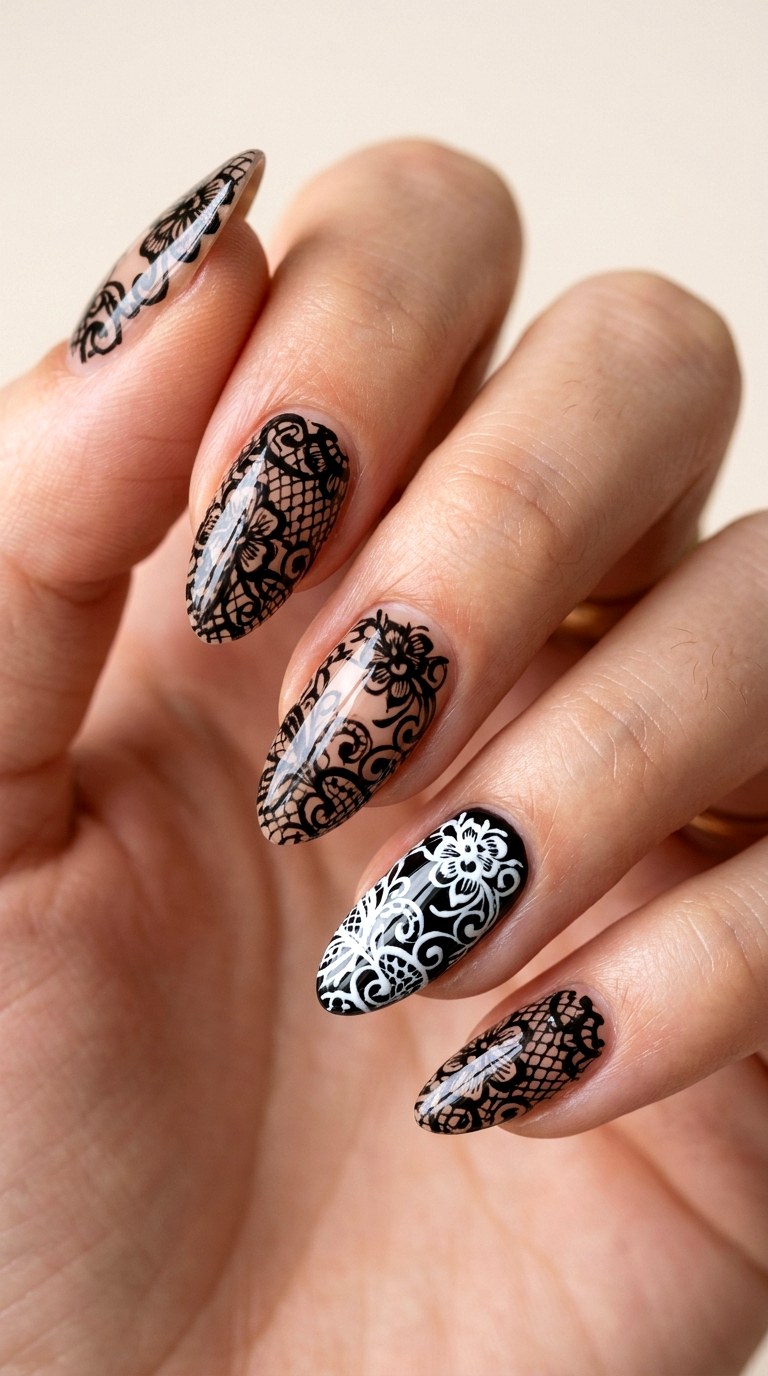 Gothic Black Lace Overlay - 25 back day of school nail art ideas