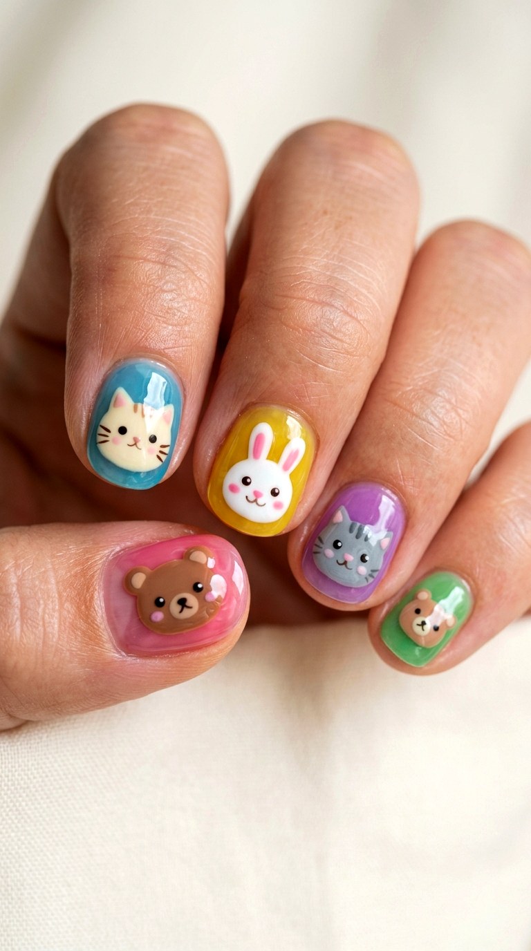 Gummy Nails Featuring Kawaii Animal Faces - 25 gummy nail art