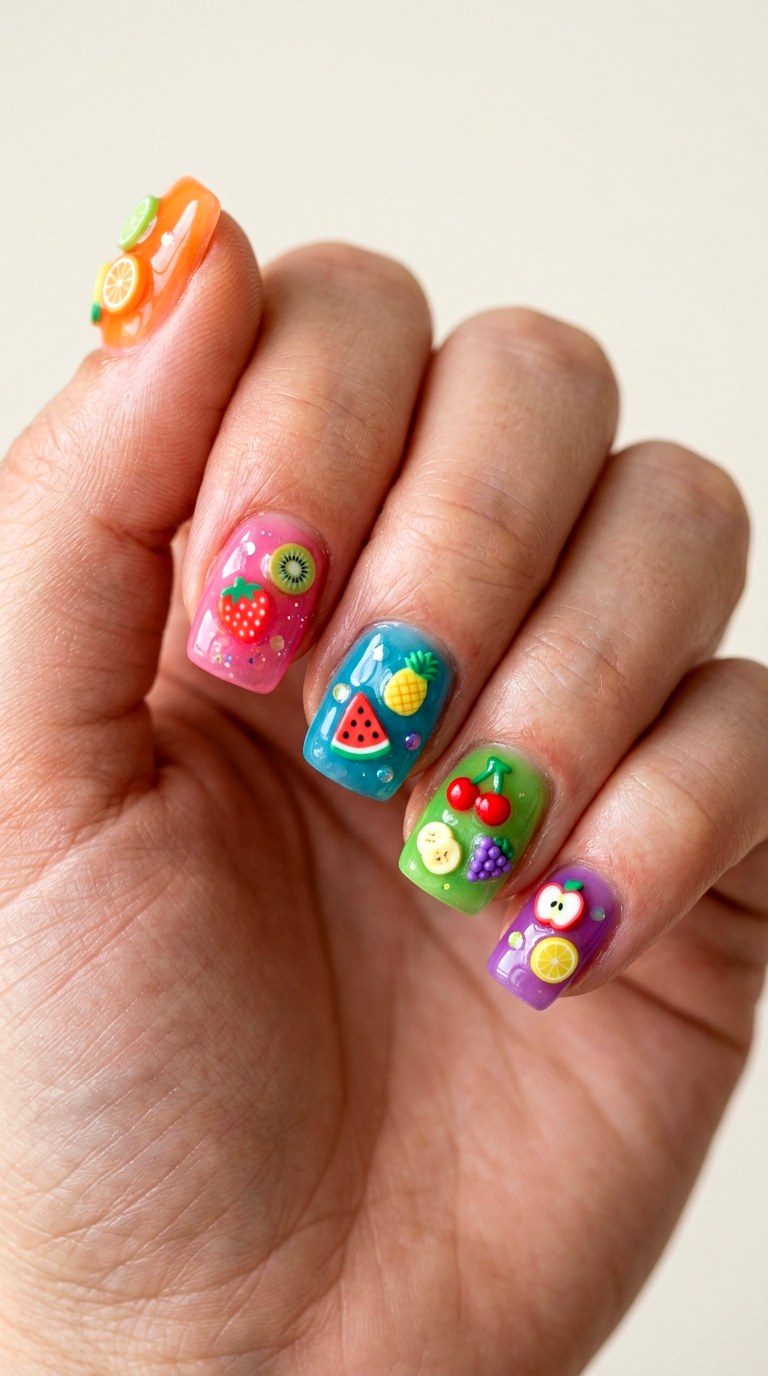 Gummy Nails with Neon Fruit Accents - 25 gummy nail art
