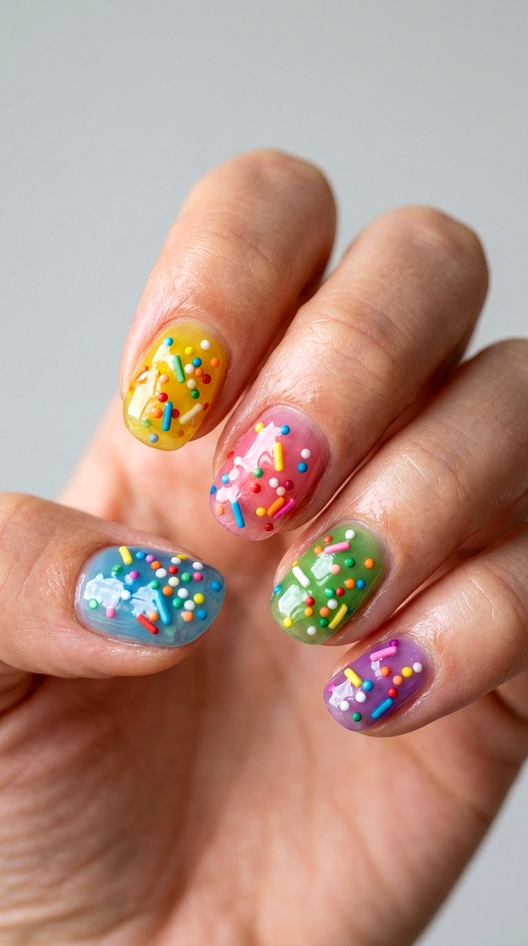Gummy Nails with Scattered Sprinkle Details - 25 gummy nail art