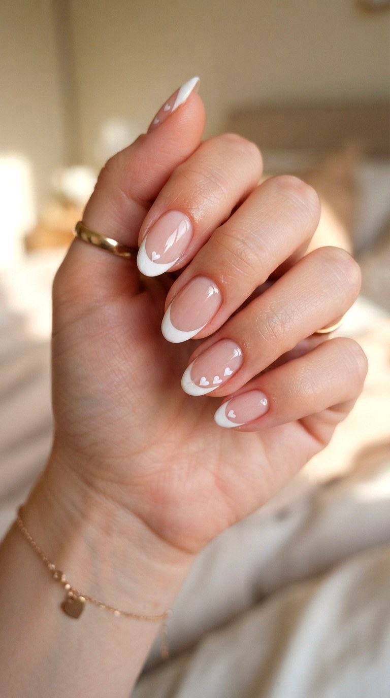 Heart Accent White French Nails - 24 white French nails idea
