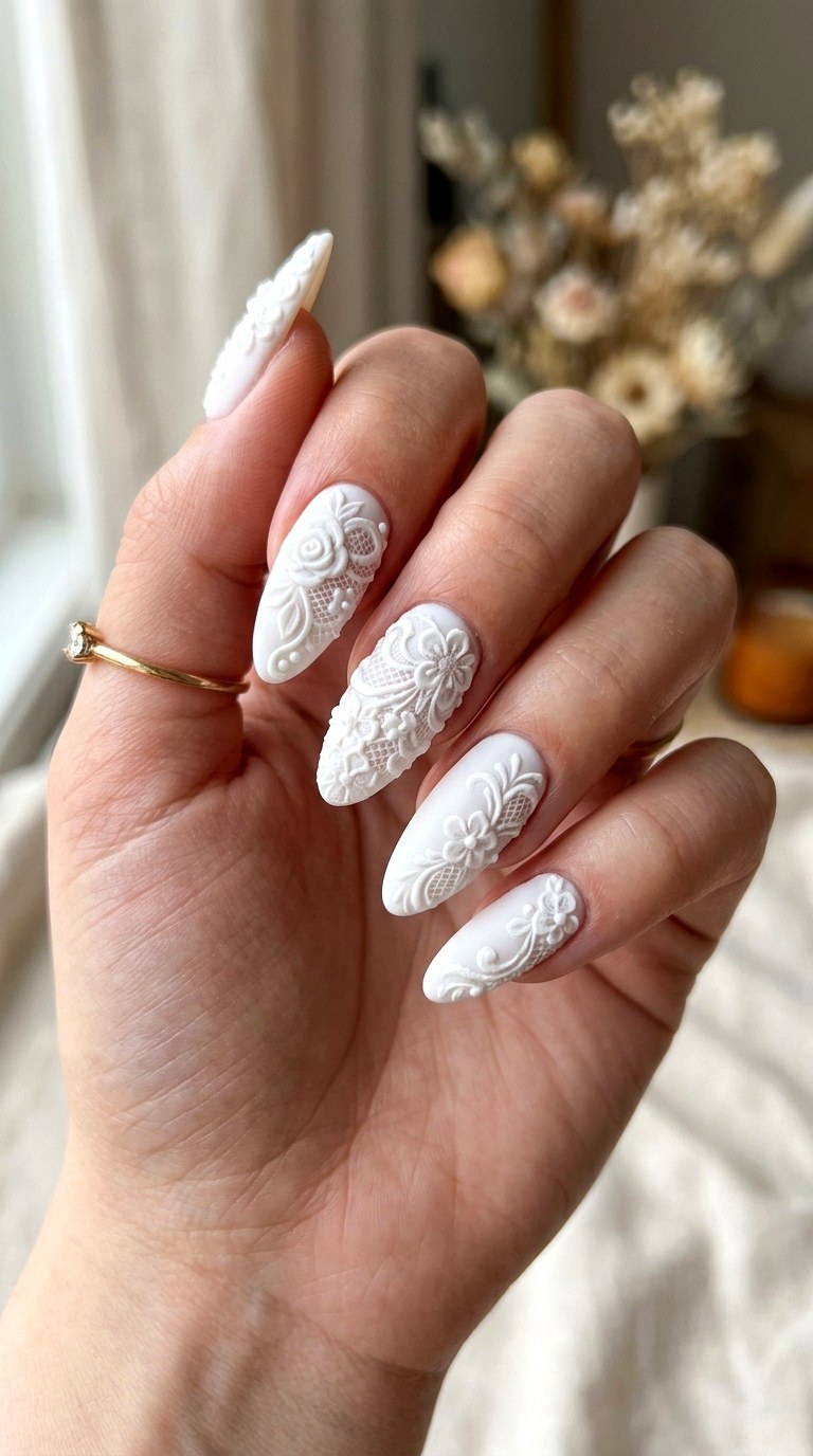 Matte Lace Intricate Milky White Nails - 29 milky white nails with design