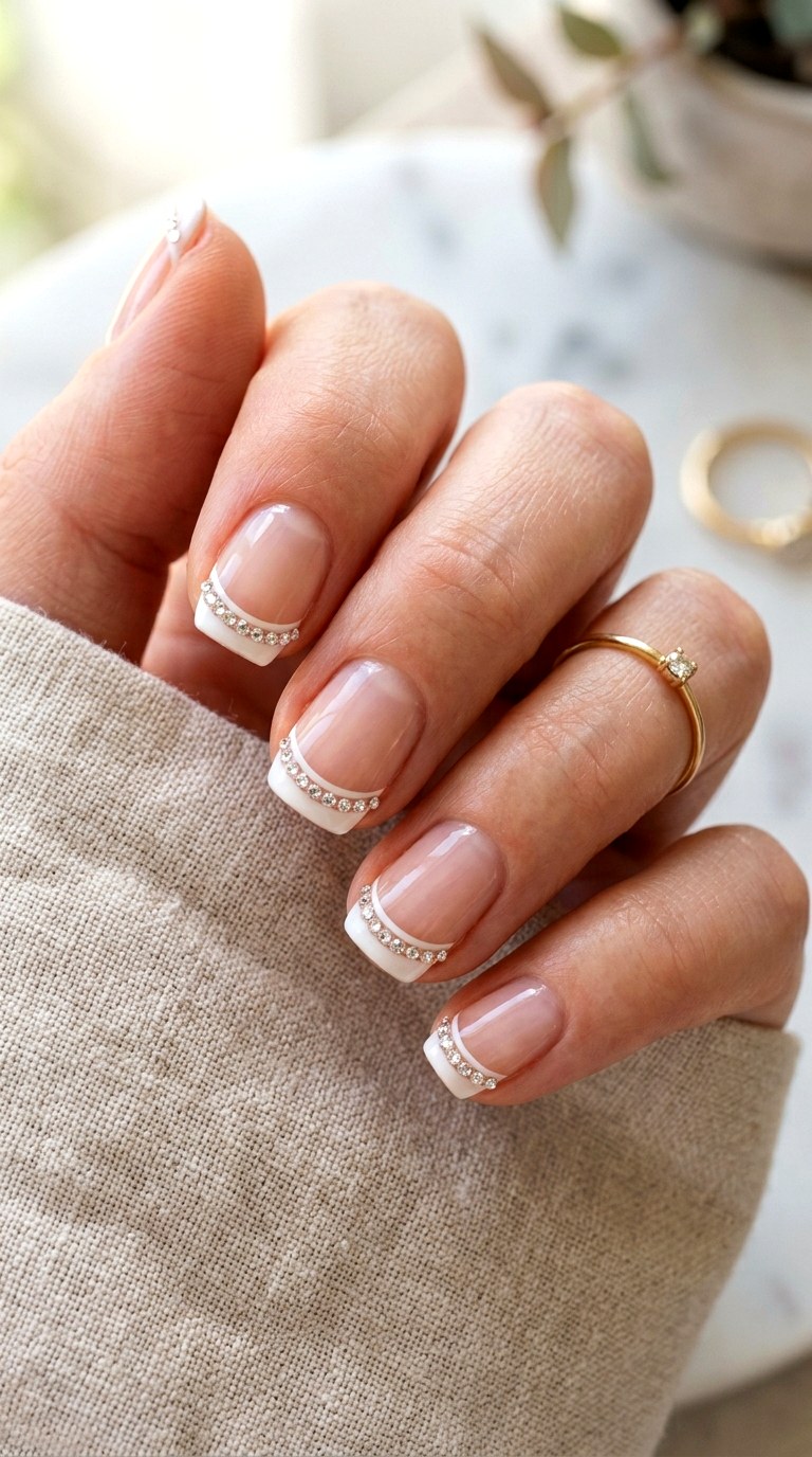 Micro French Tips With Crystals - 24 Wedding Nail Art Ideas