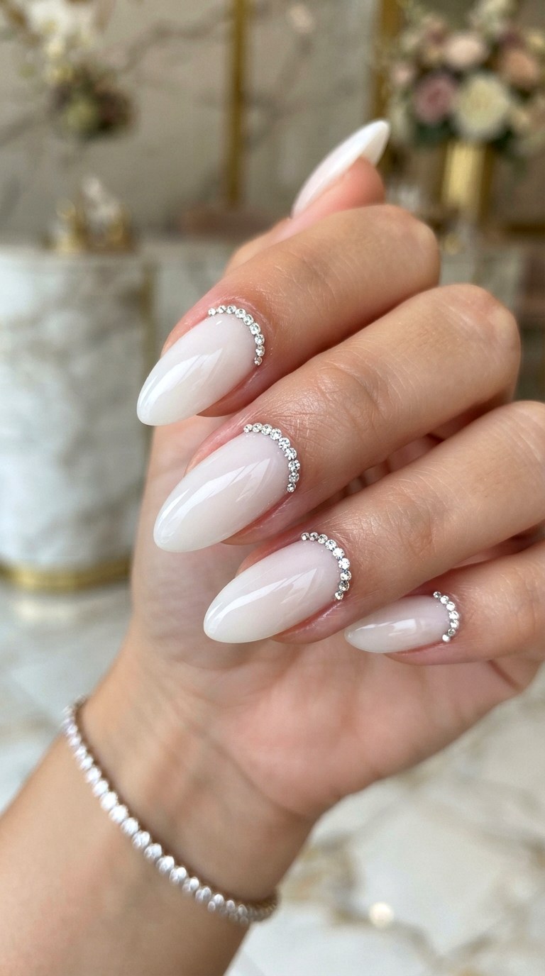 Micro Rhinestone Contour Milky White Nails - 29 milky white nails with design