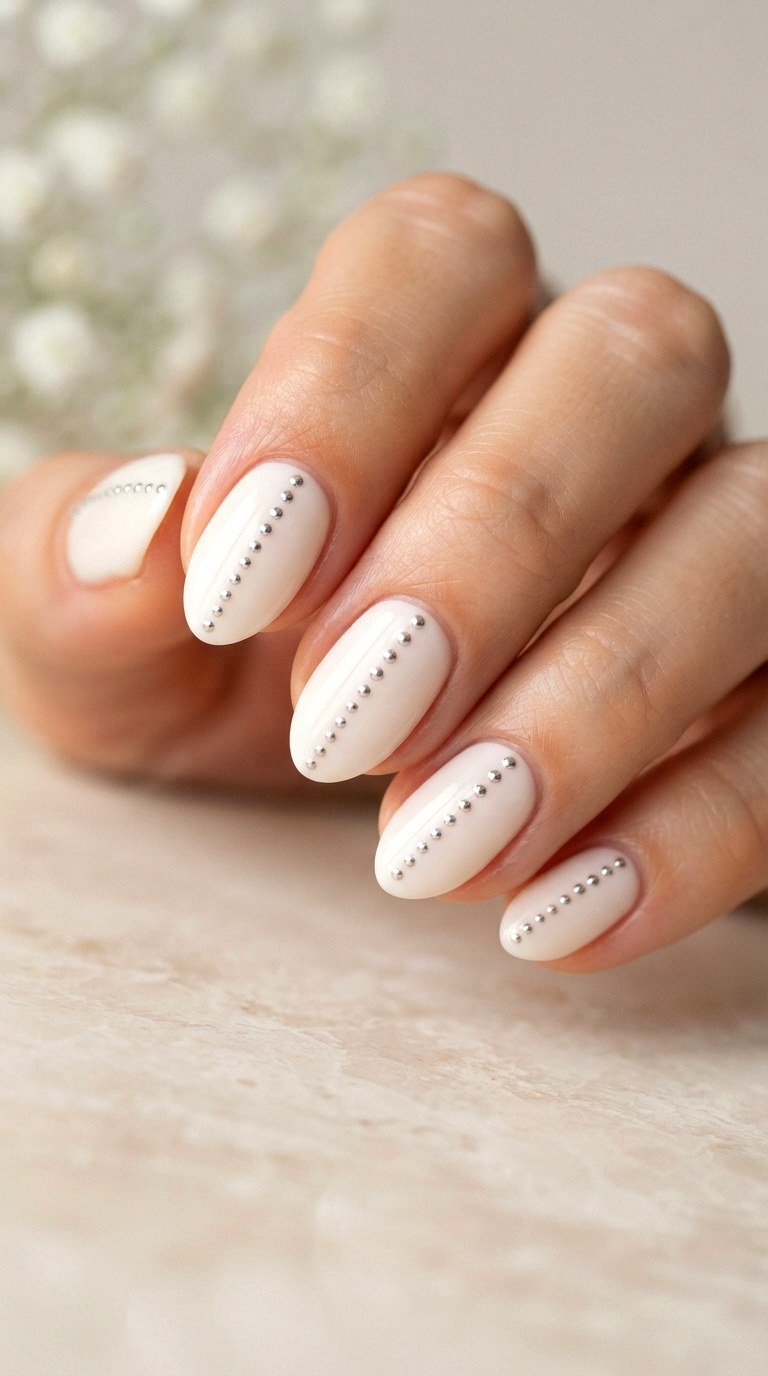 Minimalist Linear Dots Milky White Nails - 29 milky white nails with design