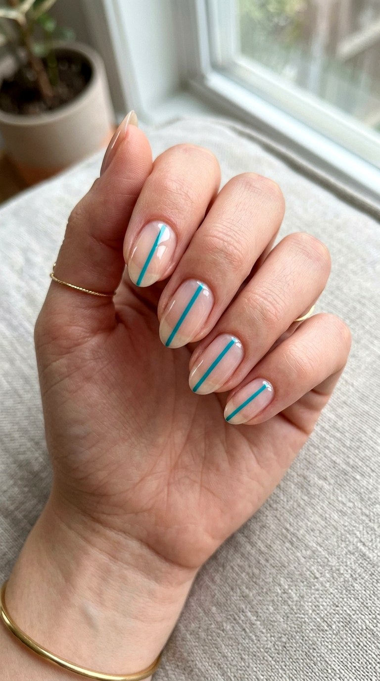 Minimalist Teal Striped Nails - 25 Teal Nail Color Ideas