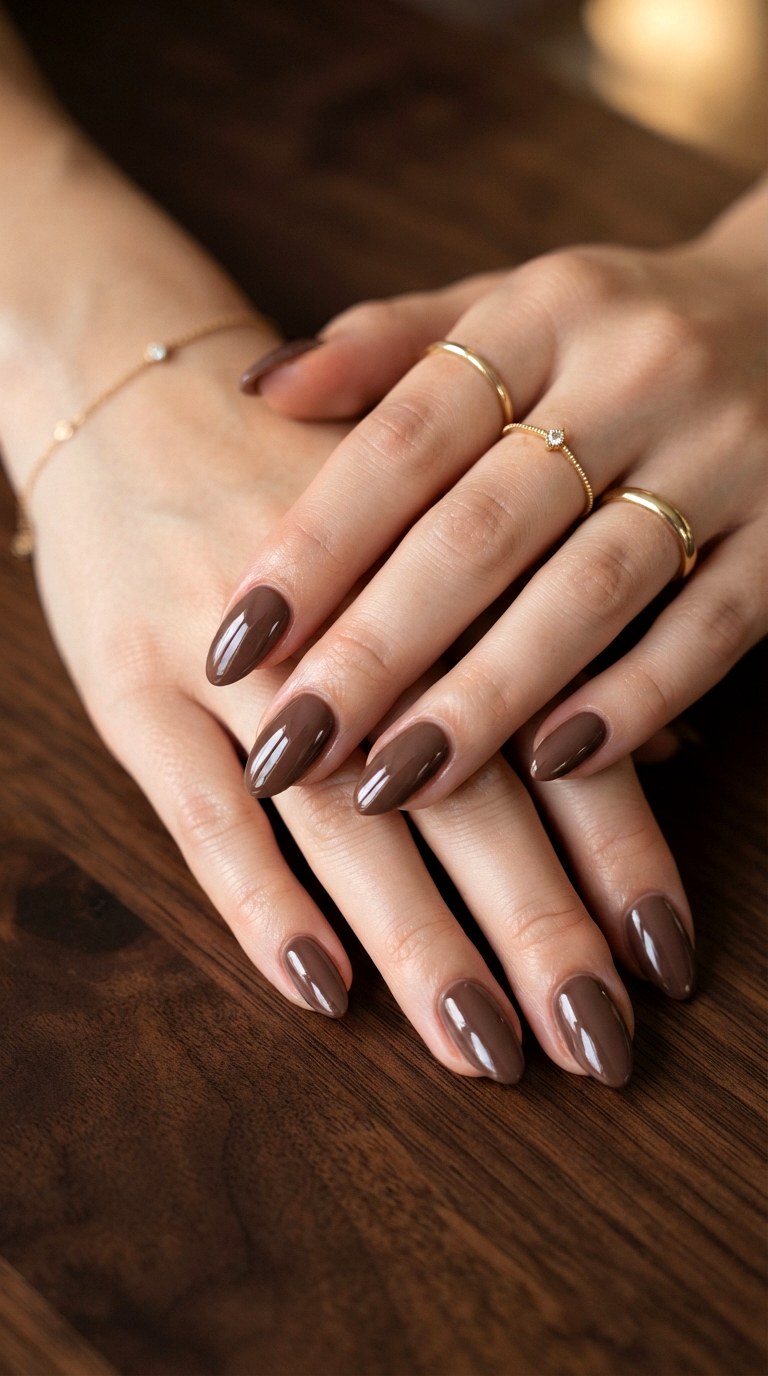 Mocha Mousse Glossy Almond Nails - 25 Summer Almond Nail Designs