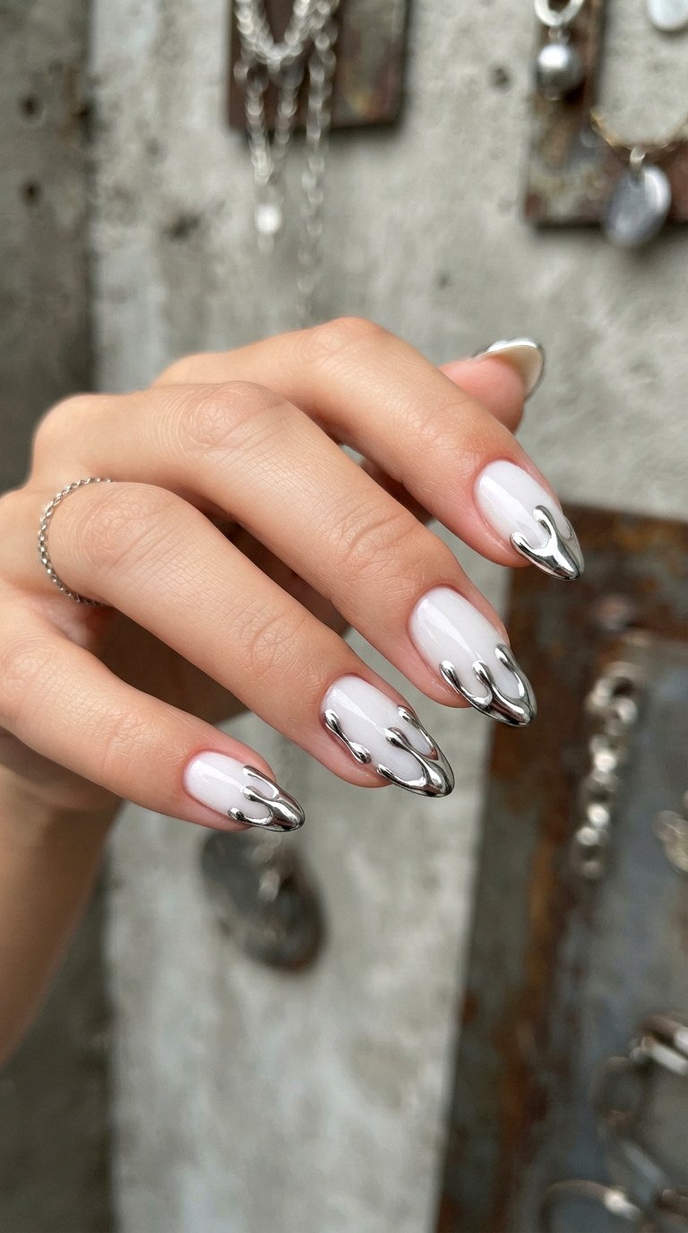 Molten Metal Drip Tips Milky White Nails - 29 milky white nails with design