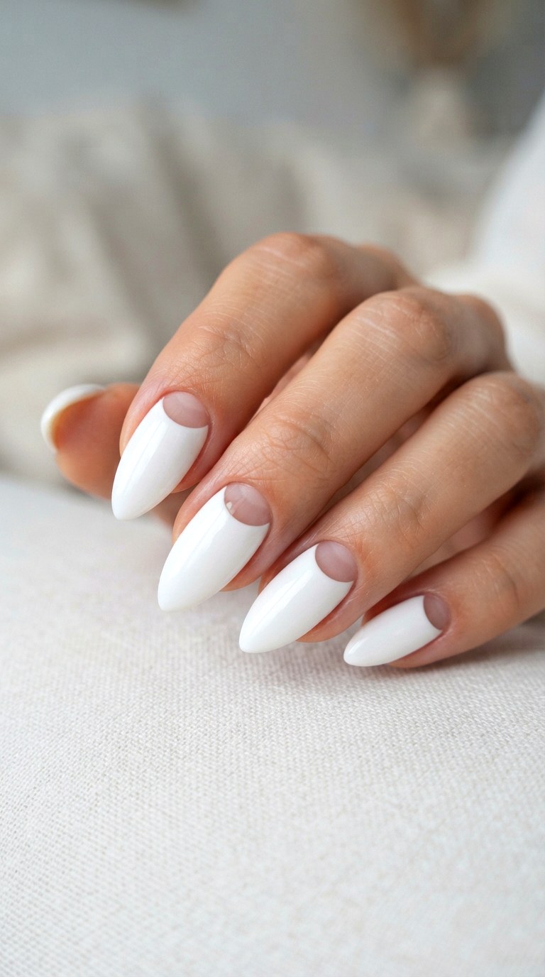 Negative Space Crescent Milky White Nails - 29 milky white nails with design